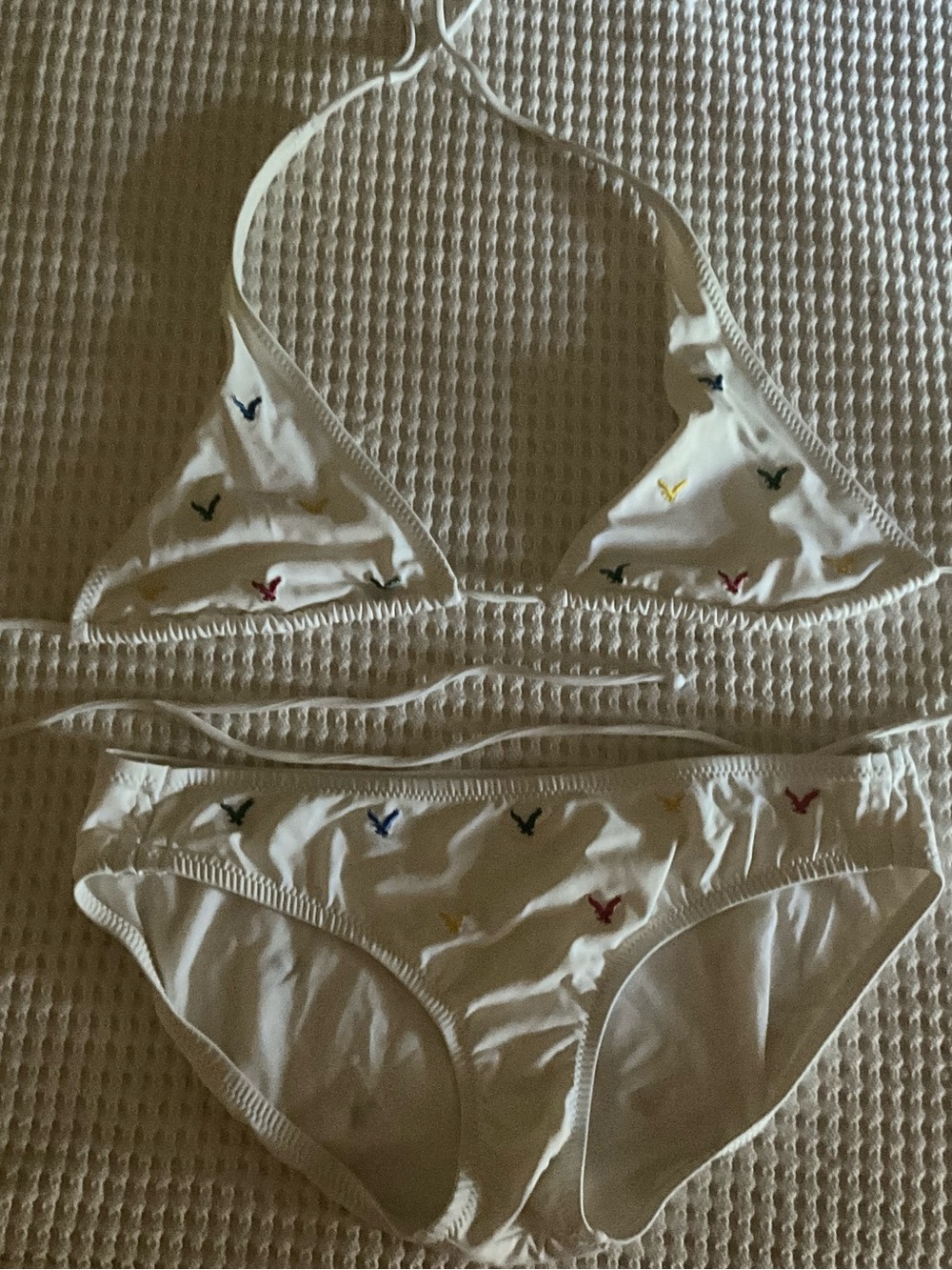 White Triangle Bikini Set with Multicolor Embroidered Accents